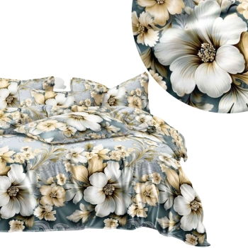 Pościel satynowa 140x200 białe kwiaty na szaro niebieskim tle – komplet premium PK 828 z PRZEŚCIERADŁEM